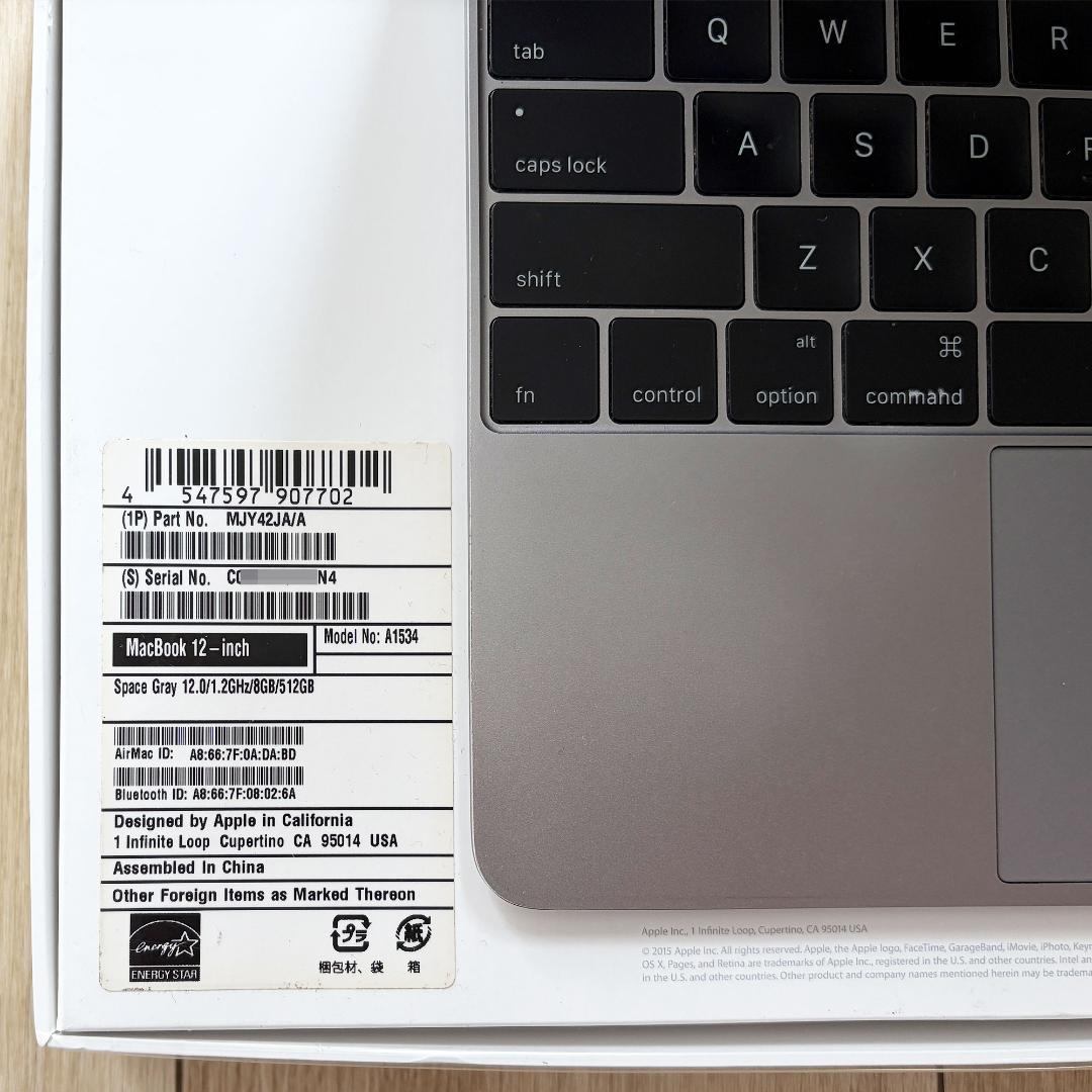 【ジャンク】MacBook12 2015 8GB/512GB USキー Sグレイ