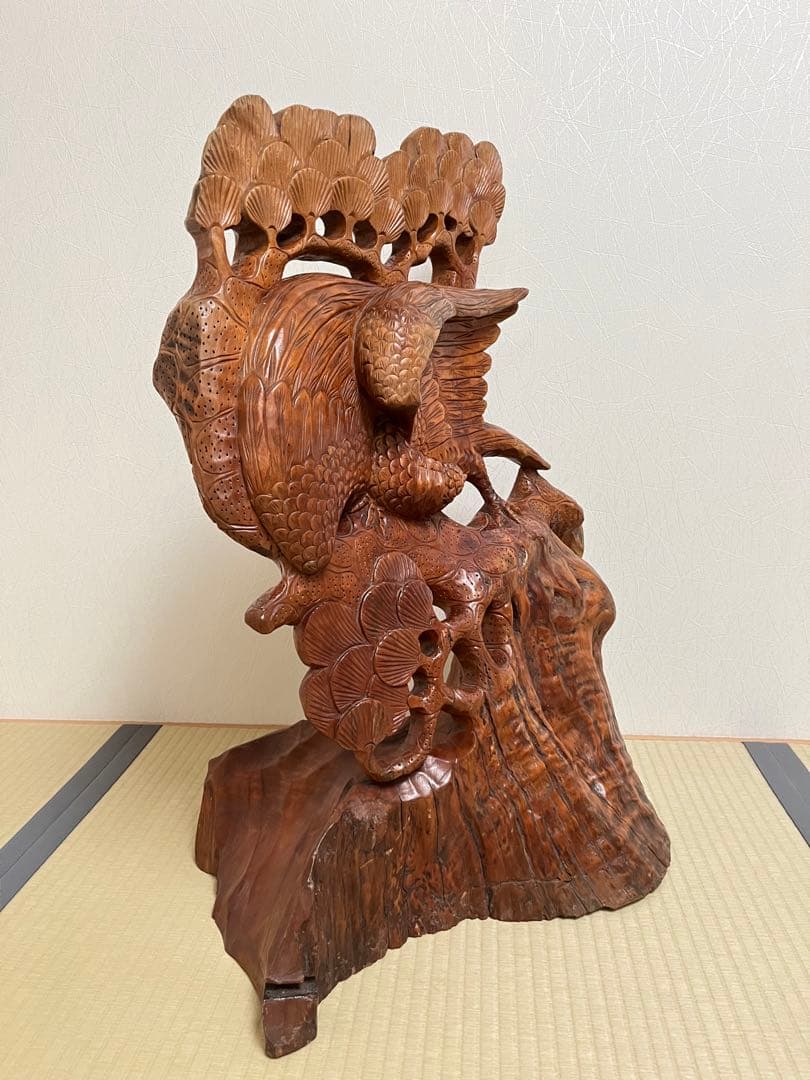 透かし彫り衝立、松、縁起物 鷹、天然木、置物、インテリア、アンティーク、和室玄関