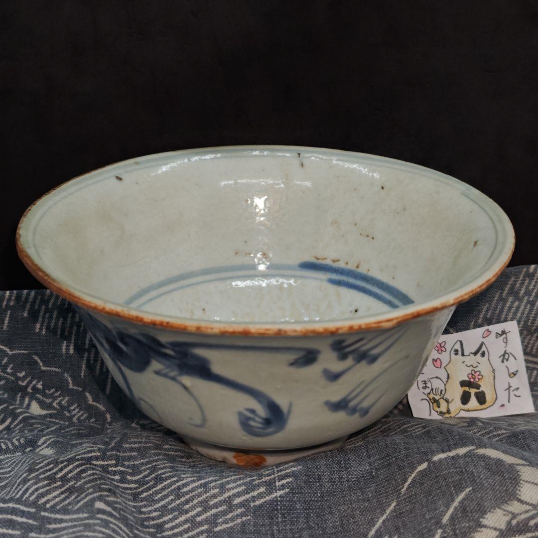 古染付飛雲龍文茶碗(明末清初、元箱、鶴文藍染包み古布付)