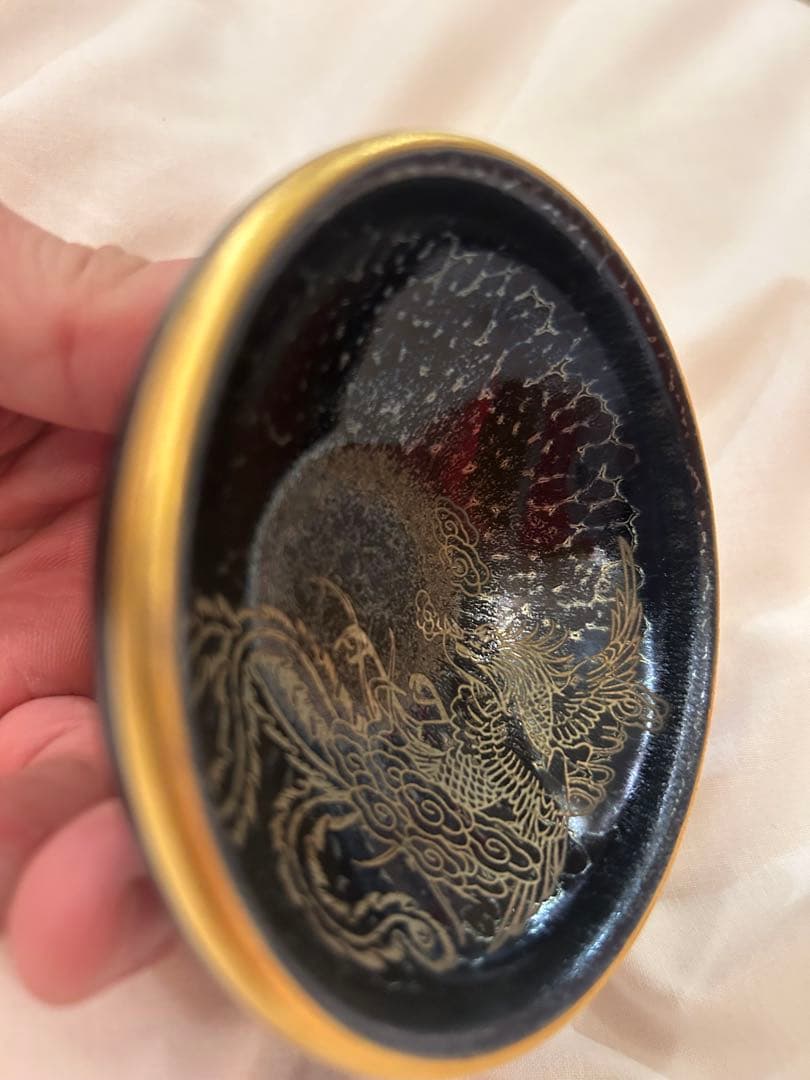 銘有　中国古美術　蒔絵の棗　天目茶碗　龍顔に鳳凰の体　呑み口金塗り 箱付き　建盞