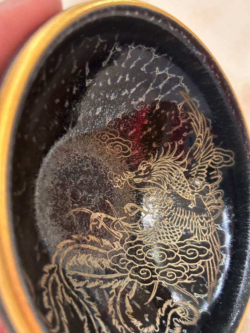 銘有　中国古美術　蒔絵の棗　天目茶碗　龍顔に鳳凰の体　呑み口金塗り 箱付き　建盞