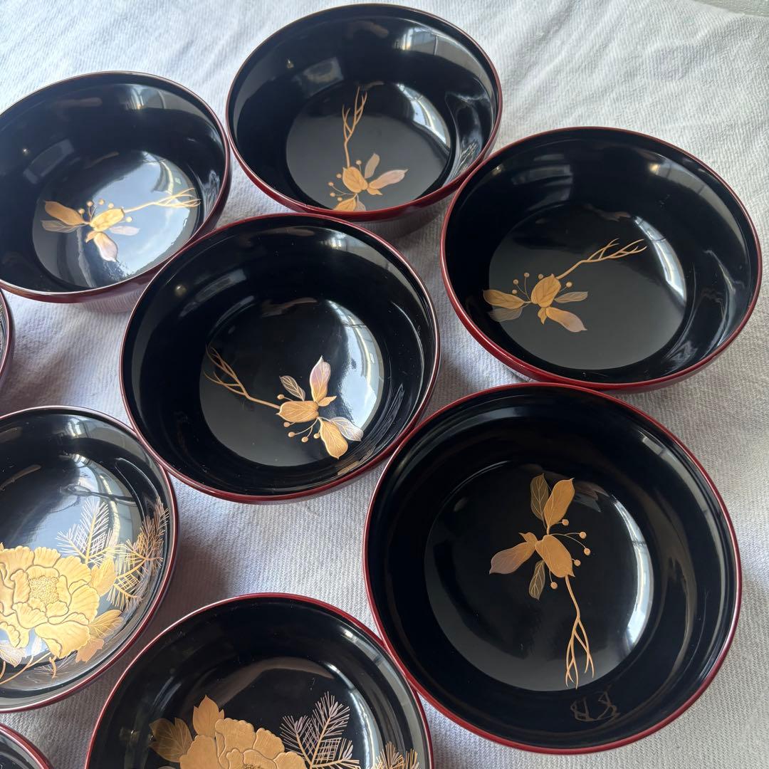 時代　溜塗漆に豪華絢爛、美しい牡丹蒔絵お椀5点　（検輪島塗蒔絵椀雑煮椀
