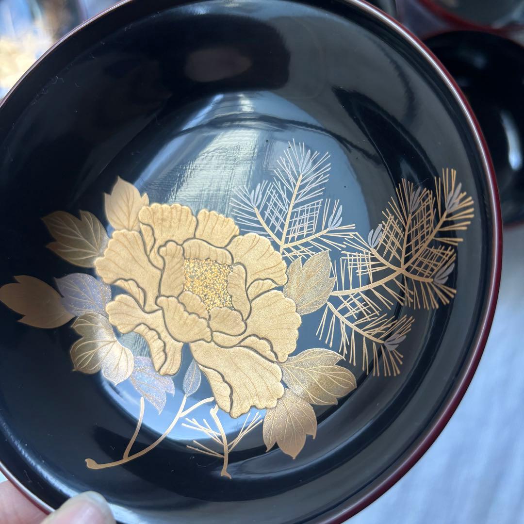 時代　溜塗漆に豪華絢爛、美しい牡丹蒔絵お椀5点　（検輪島塗蒔絵椀雑煮椀