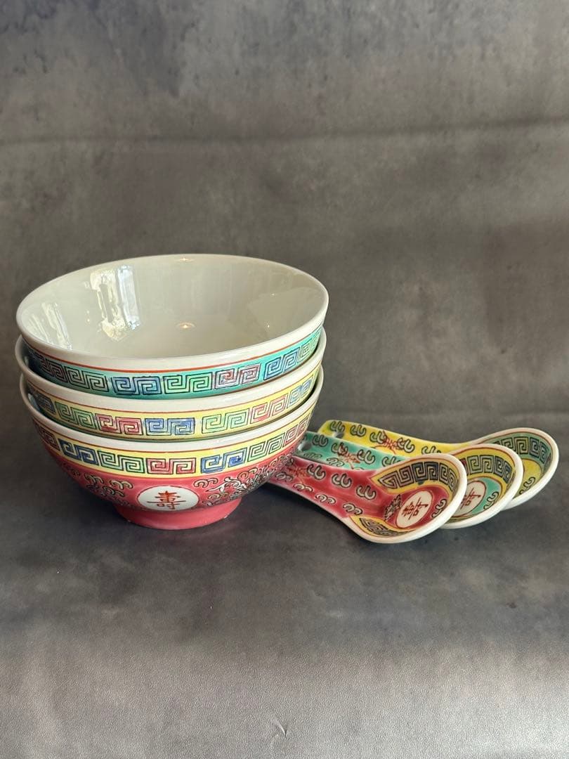 【茶碗＆れんげ３色セット／新品未使用】景徳鎮/汁碗