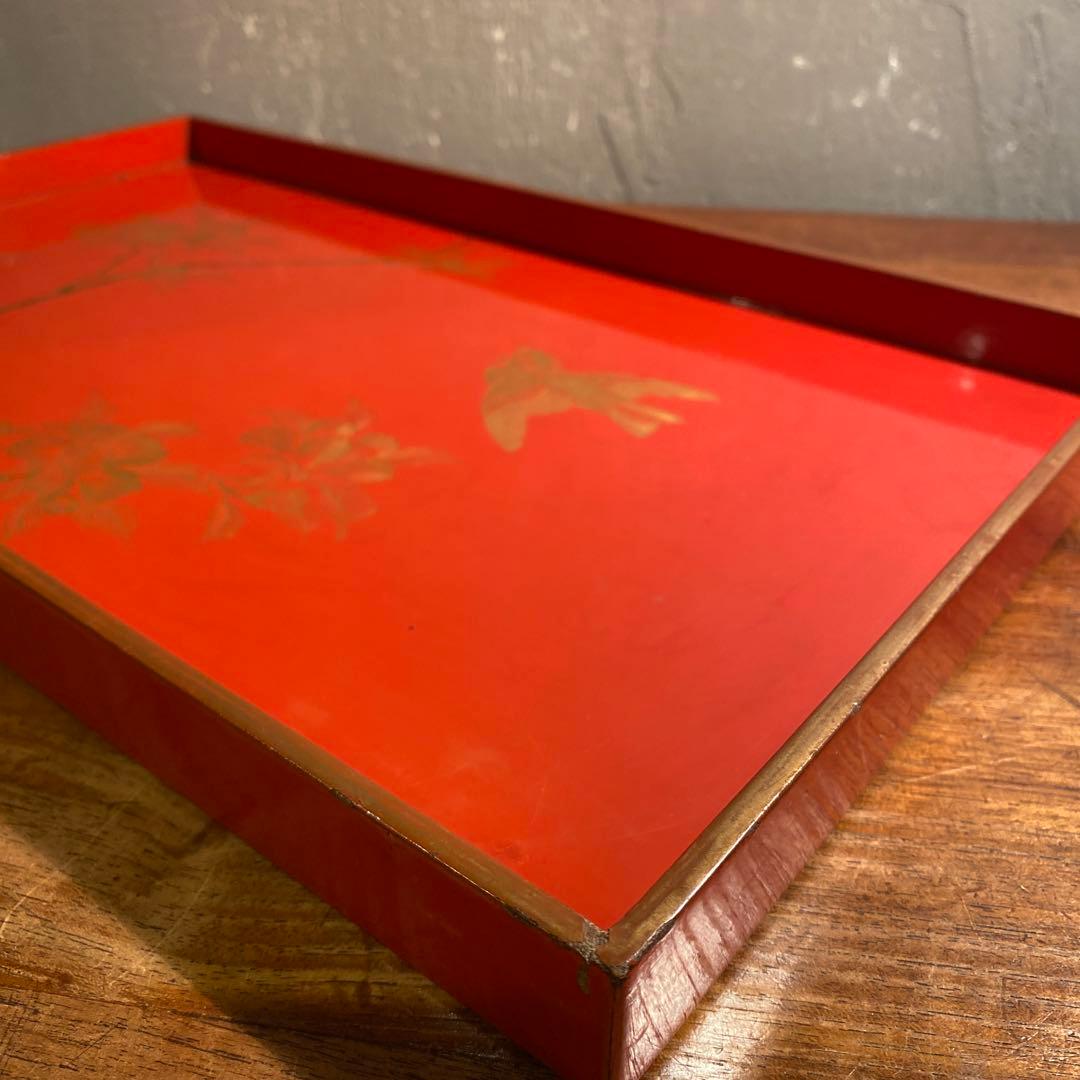 大正 蒔絵硯蓋 朱 花鳥文 輪島塗 骨董品 茶盆 アート 漆芸 盆