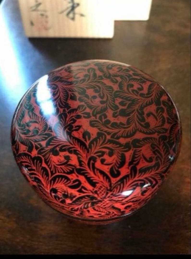 美品　茶道具　讃岐漆器　蒟醤塗　茶入れ　隆之作　共箱付き　丁寧に描かれた模様