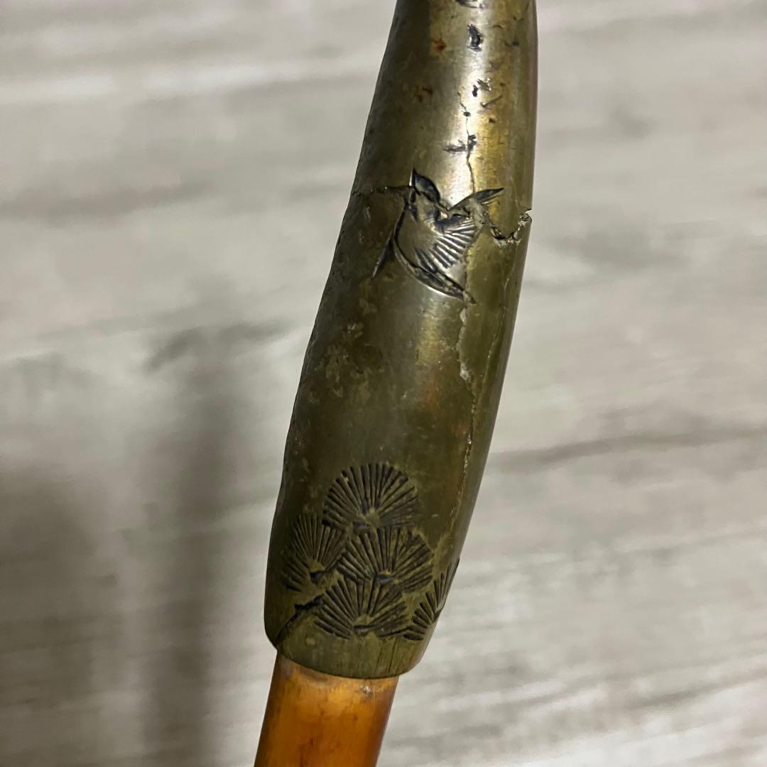 3F 【骨董】時代物 煙管 鷹と松の彫刻 真鍮 羅宇煙管 喫煙具 レトロ