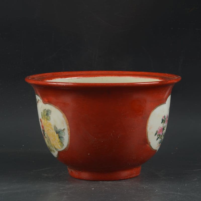 景徳鎮 沙紅開窓仙鶴花鳥図菖蒲鉢 花鉢 大盆栽 小盆栽