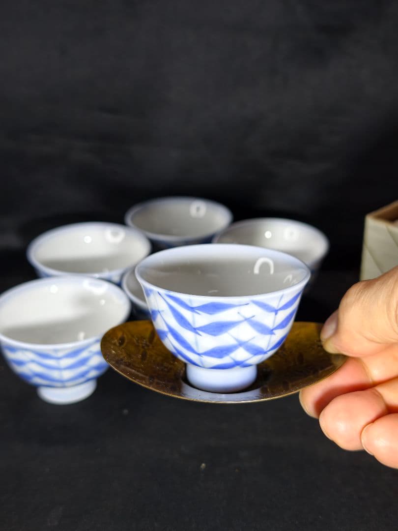 煎茶道具 染付玉露茶碗 手描き 仙月造 昭和レトロ 旧家蔵出し 未使用美品
