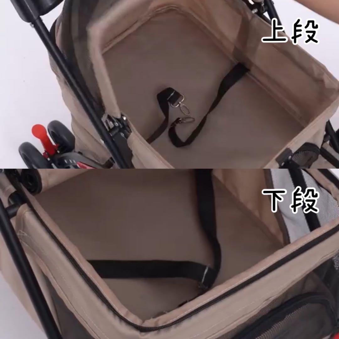 【カーキ】2段式ペットカート犬 猫 折たたみ可能 小型犬 ブレーキ付 多頭