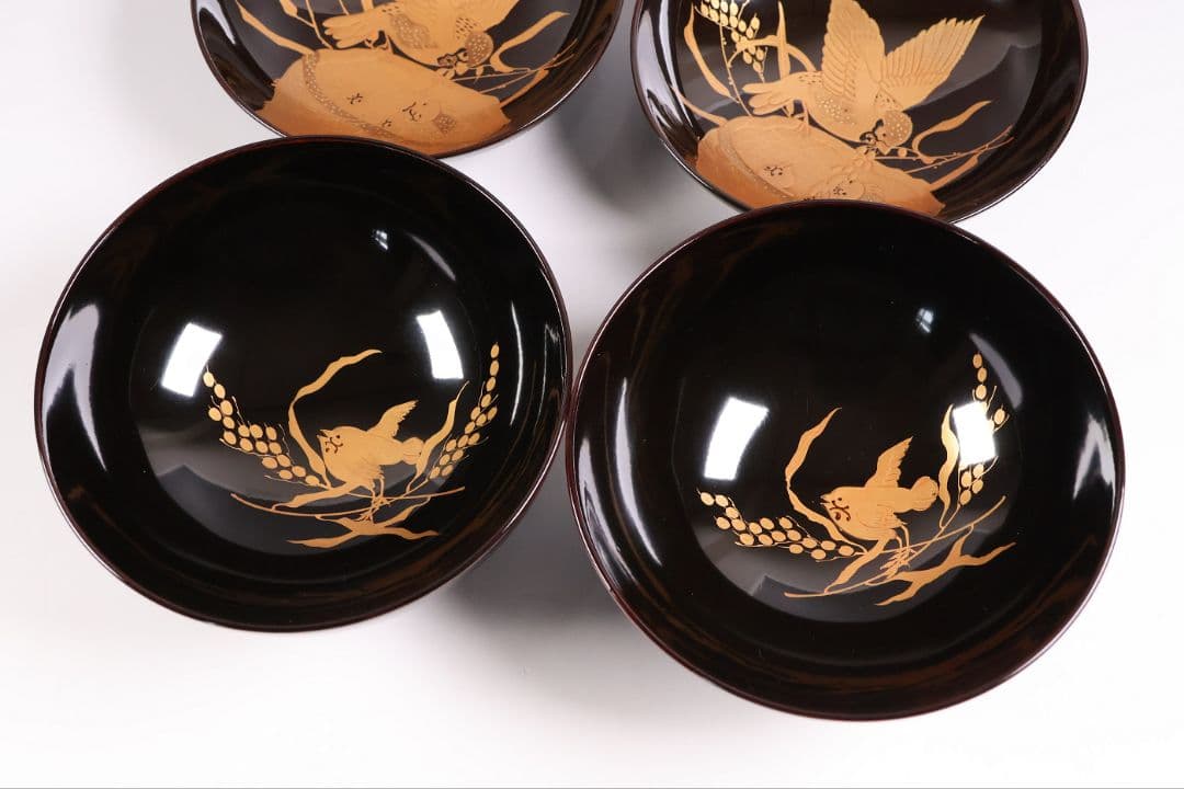 【MB288】天然木漆塗 親子雀と稲穂金蒔絵 黒椀 二客 大正昭和 漆芸 漆器