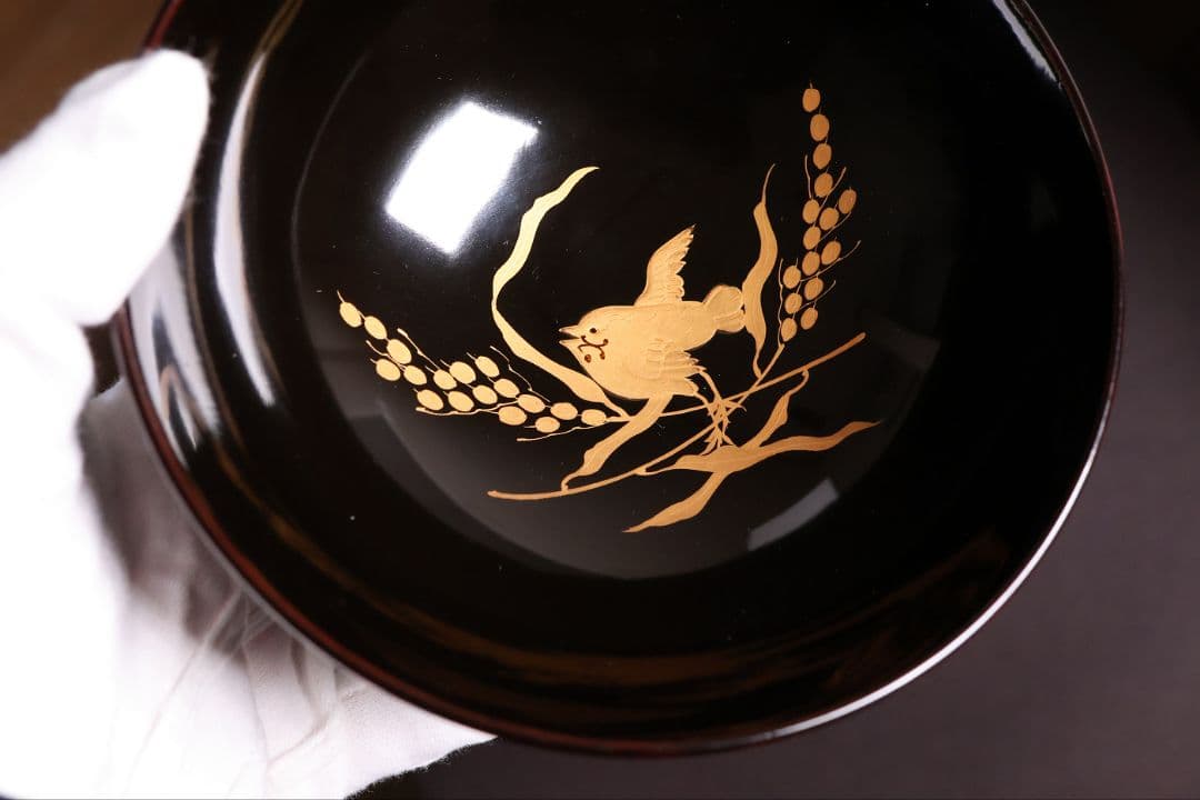 【MB288】天然木漆塗 親子雀と稲穂金蒔絵 黒椀 二客 大正昭和 漆芸 漆器