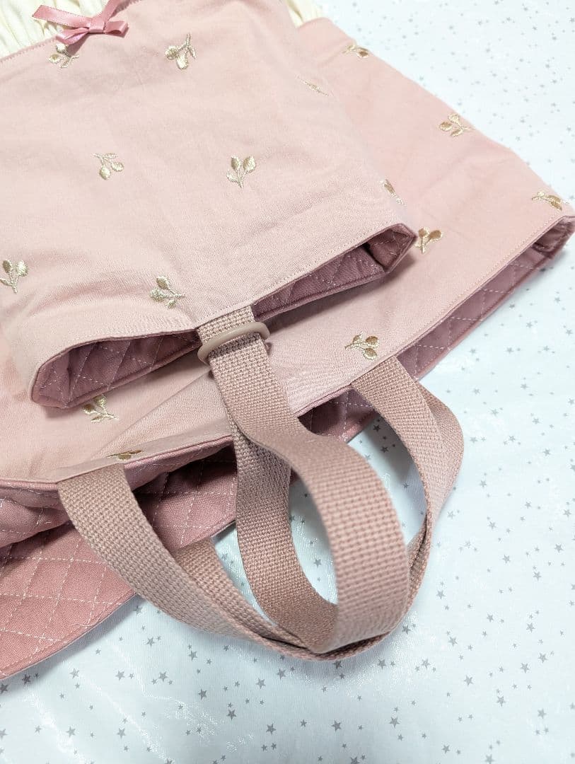 レッスンバッグ　上履き入れ　体操服袋　チェリー刺繍×チェリーキルト　ハンドメイド