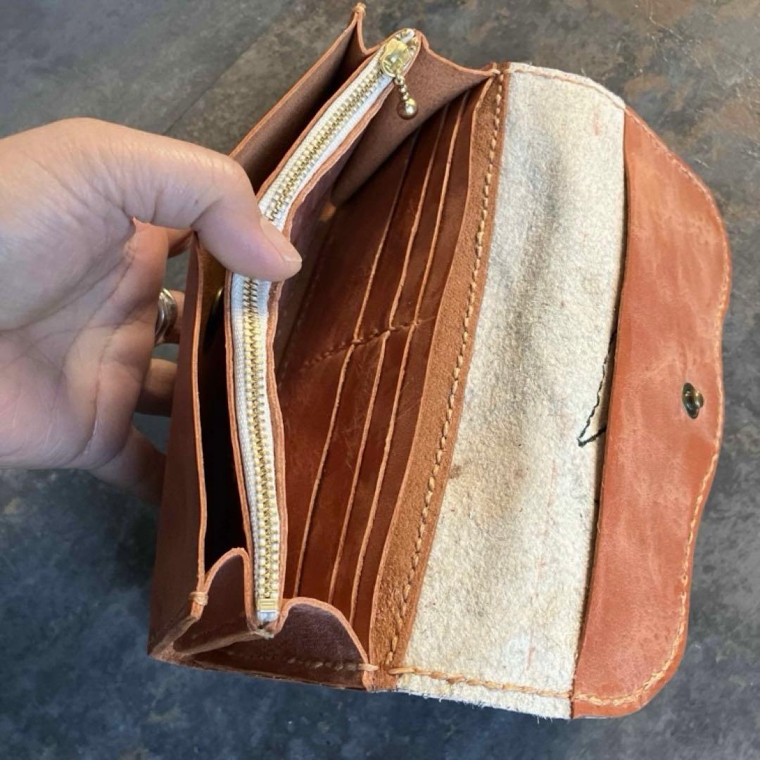 本革☆ハラコ財布　サーモンオレンジ　金箔型押しハラコ 長財布
