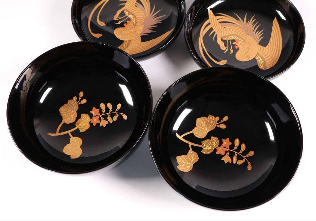 メルリン【CM397】天然木漆塗 菊桐鳳凰金蒔絵 黒塗煮物椀 二客 昭和期