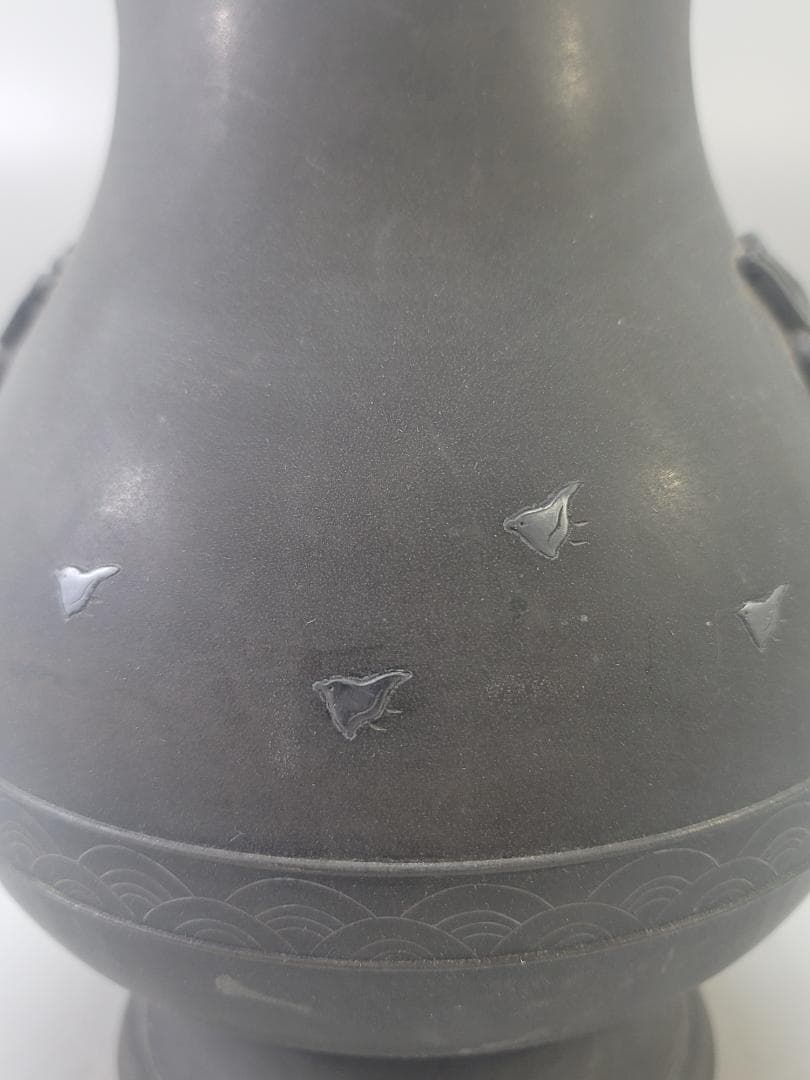 古銅 千鳥銀象嵌 環耳 瓶 DT805