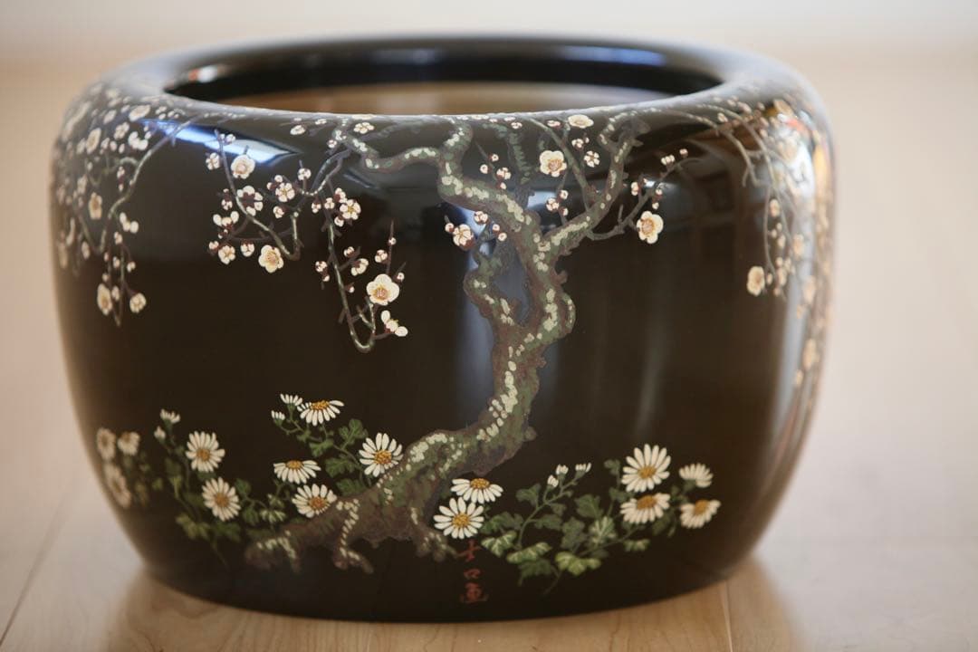 石井士口 梅菊之図 蝋色塗火鉢 文化遺産 (参考画像19、20枚目) 共箱2-1