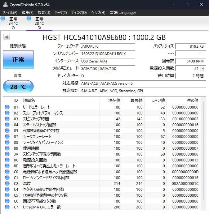 【ほぼ新品】HGST AVコマンド 1TB 2.5インチ HDD 7時間 HCC