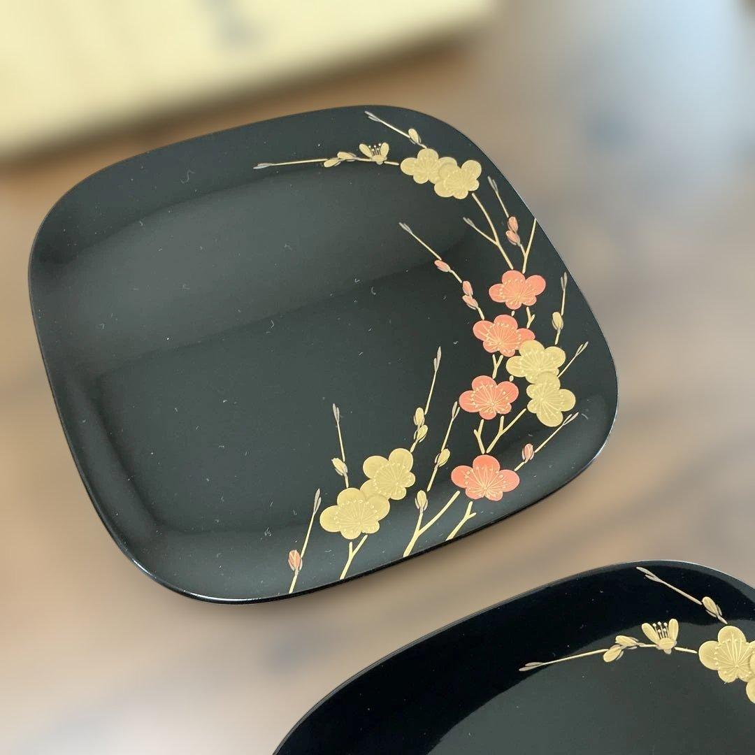 輪島塗　慶塚　紅白梅蒔絵　銘々皿　茶托　共箱　大丸美術部