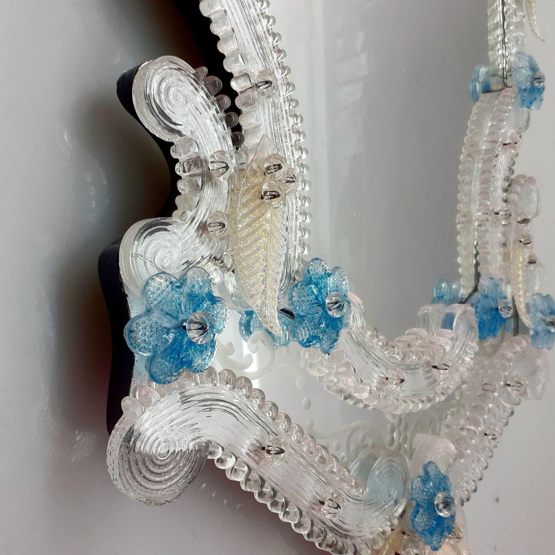 MURANO 73cm ムラノ 大型 ブルー 花飾り ウォールミラー 壁面 鏡