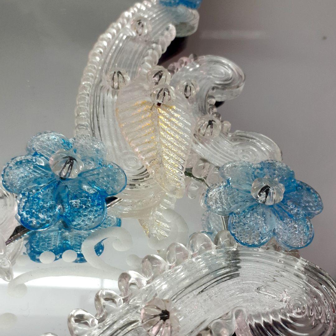 MURANO 73cm ムラノ 大型 ブルー 花飾り ウォールミラー 壁面 鏡