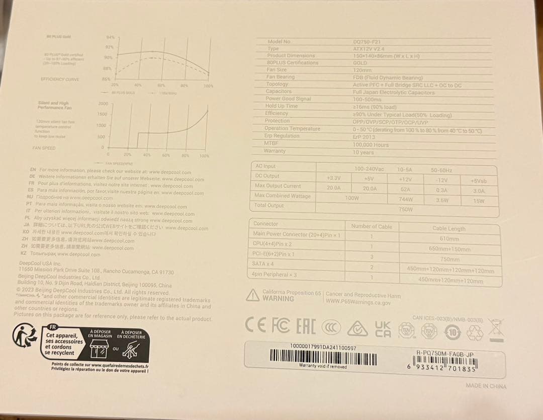 DeepCool PQ750M 80 PLUS Gold 電源ユニット