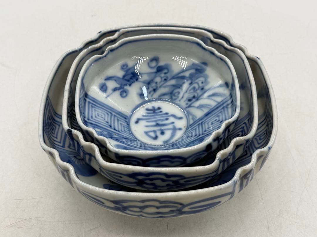 時代　染付　三つ鉢　寿　角鉢　送料込260127