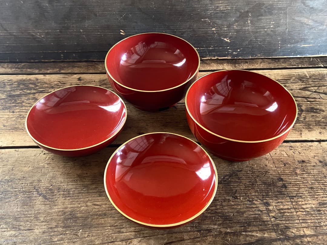 輪島塗 朱漆 貝合わせ 梨地蒔絵 金縁 蓋付椀 2客セット/蒔絵椀 懐石椀 祝椀