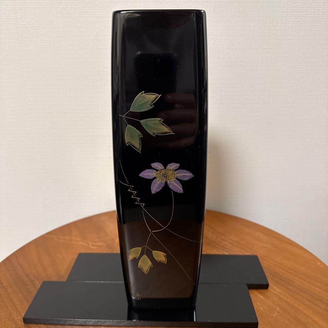 【名工】冨田立山 越前漆器 花入 敷板2枚付 黒漆 金彩 伝統工芸品 共箱付