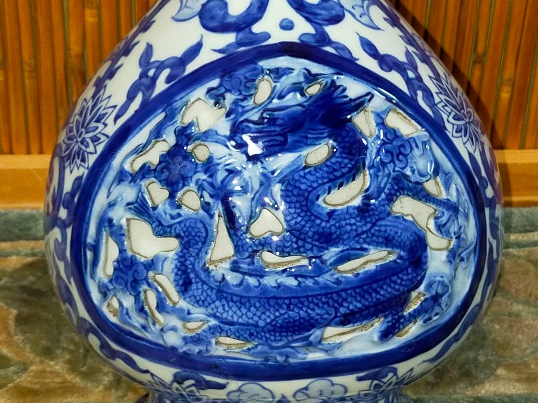 ♥値下げ！♥中国　染付　双耳　花瓶　大明成化年製　龍　鳳凰　骨董　古玩