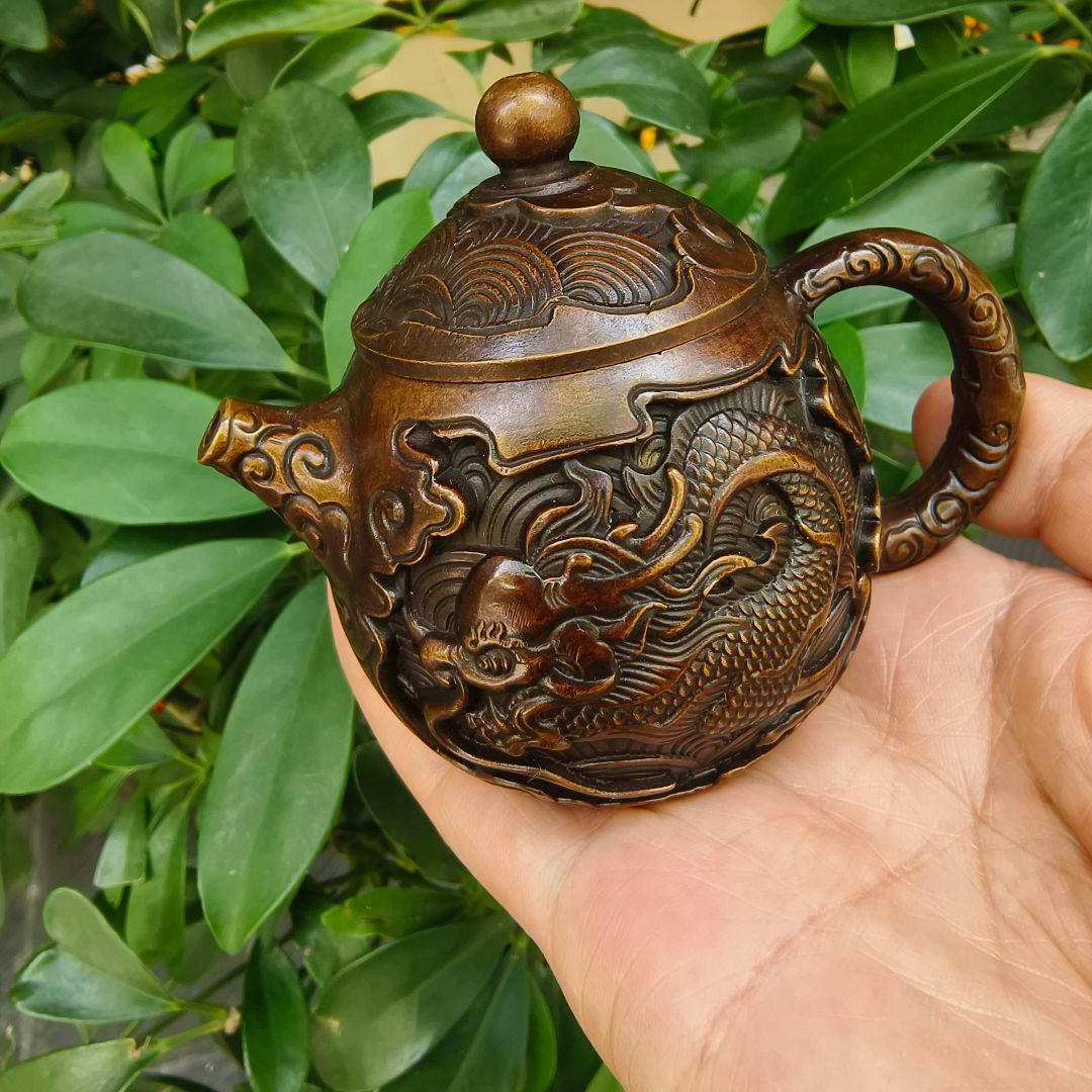 銅細工 浮彫鯉躍龍門茶壺 酒壺 装飾品 工芸品 美術品 置物
