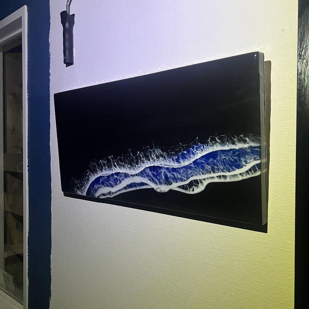 【レジンアート】モノクローム／夜光虫／蓄光／ワイドパネル 60cm × 28cm