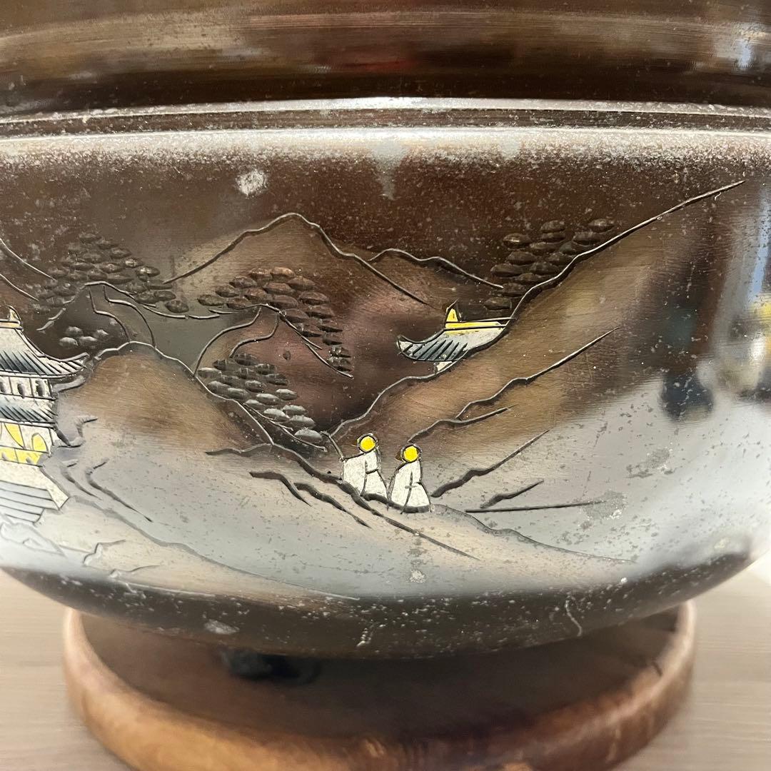 取手付き火鉢　風景画あり　台座あり