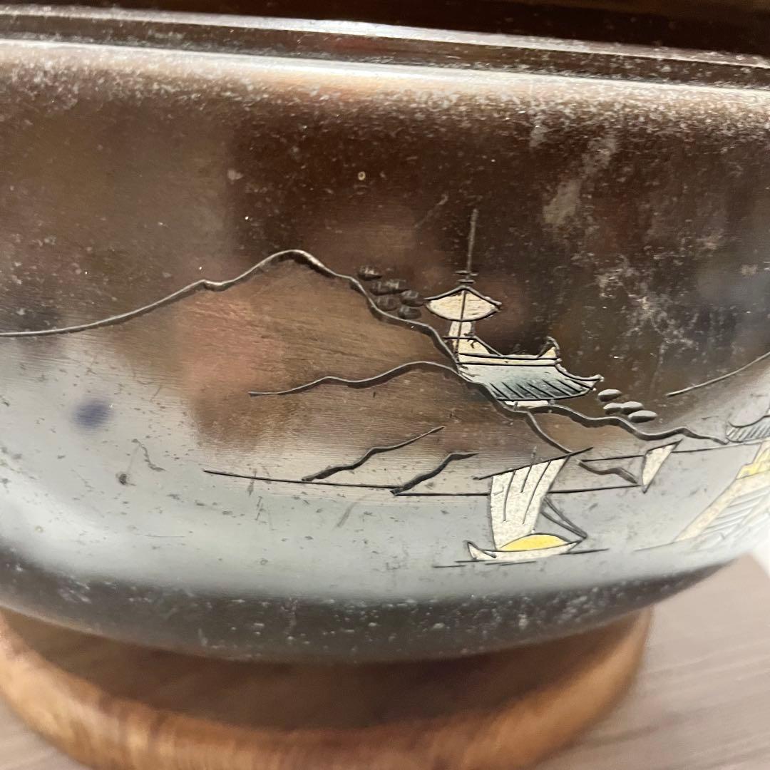 取手付き火鉢　風景画あり　台座あり