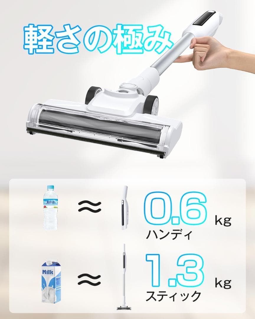 掃除機 コードレス 70KPa超強力吸引&自立式&LEDライト付き&超軽量