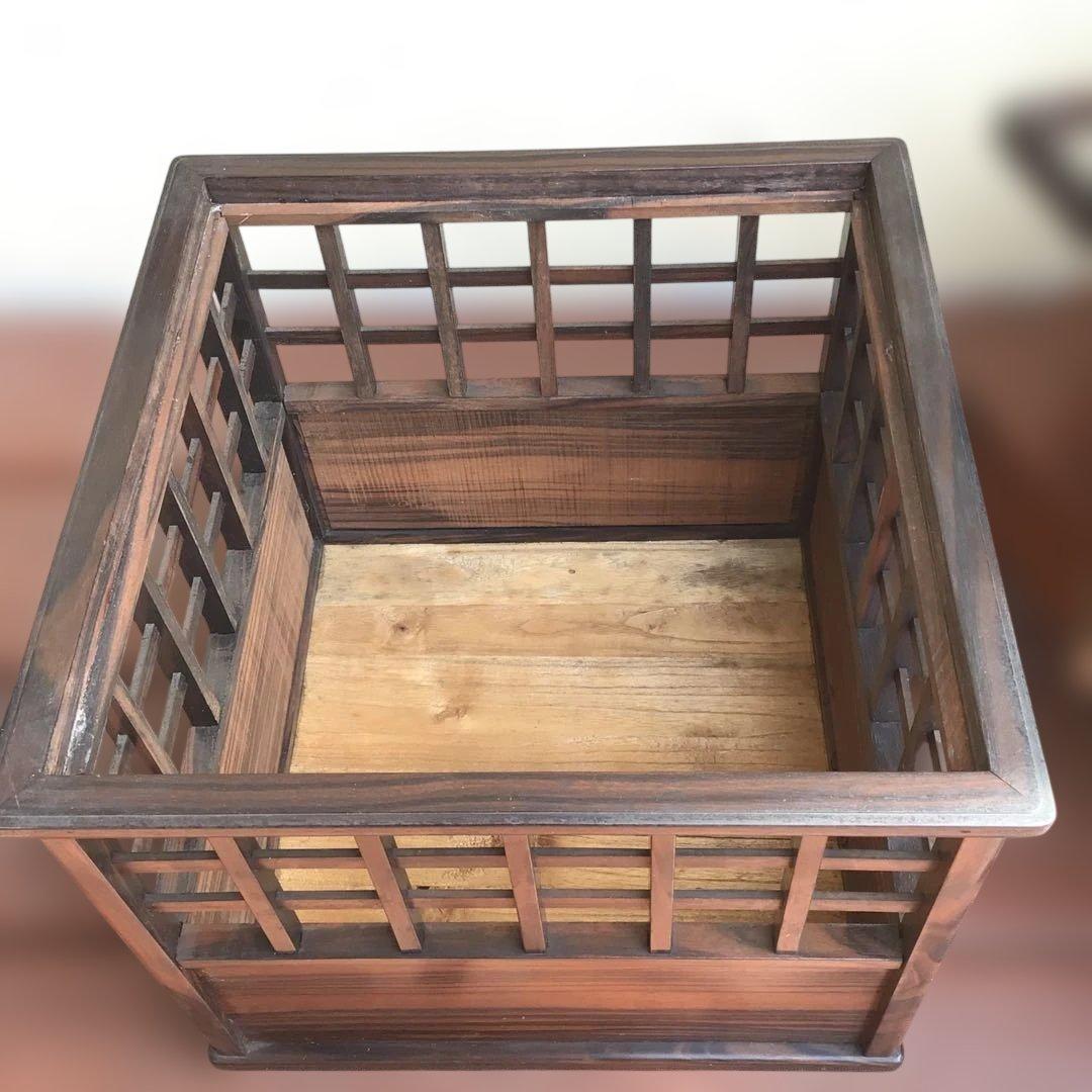 木製　箱火鉢　格子角火鉢　灰入りおとし　アンティーク　時代物