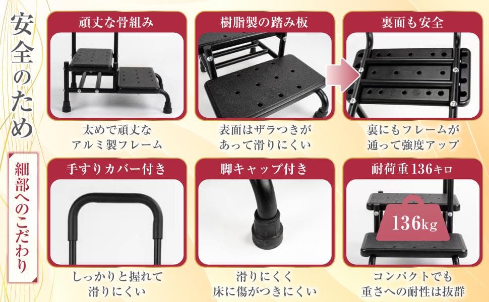 【段差の高い玄関の踏み台】手すり付き2段踏み台 高さ調整可能 ステップ