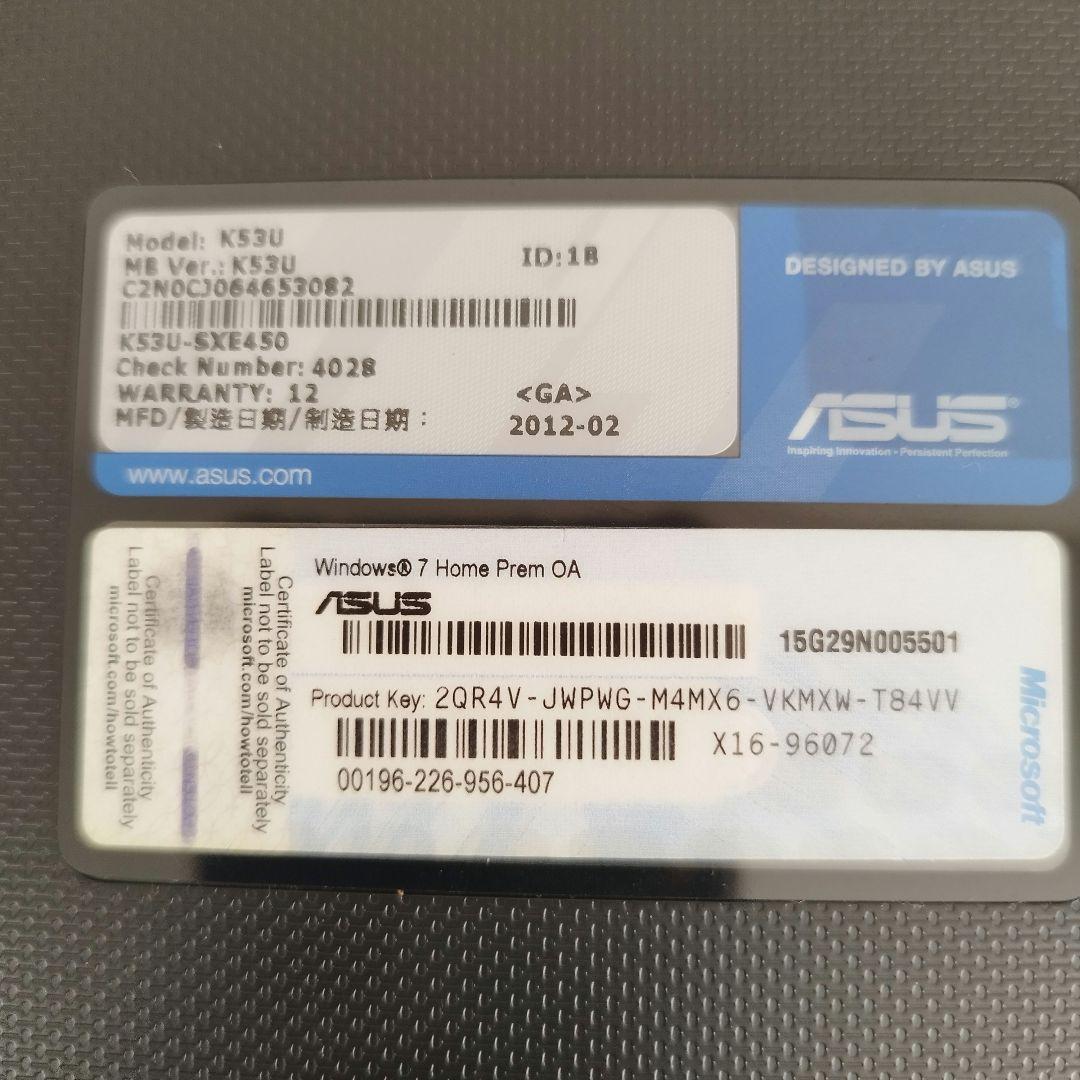 ASUS K53U ノートPC Windows 初期化済 15.6インチ