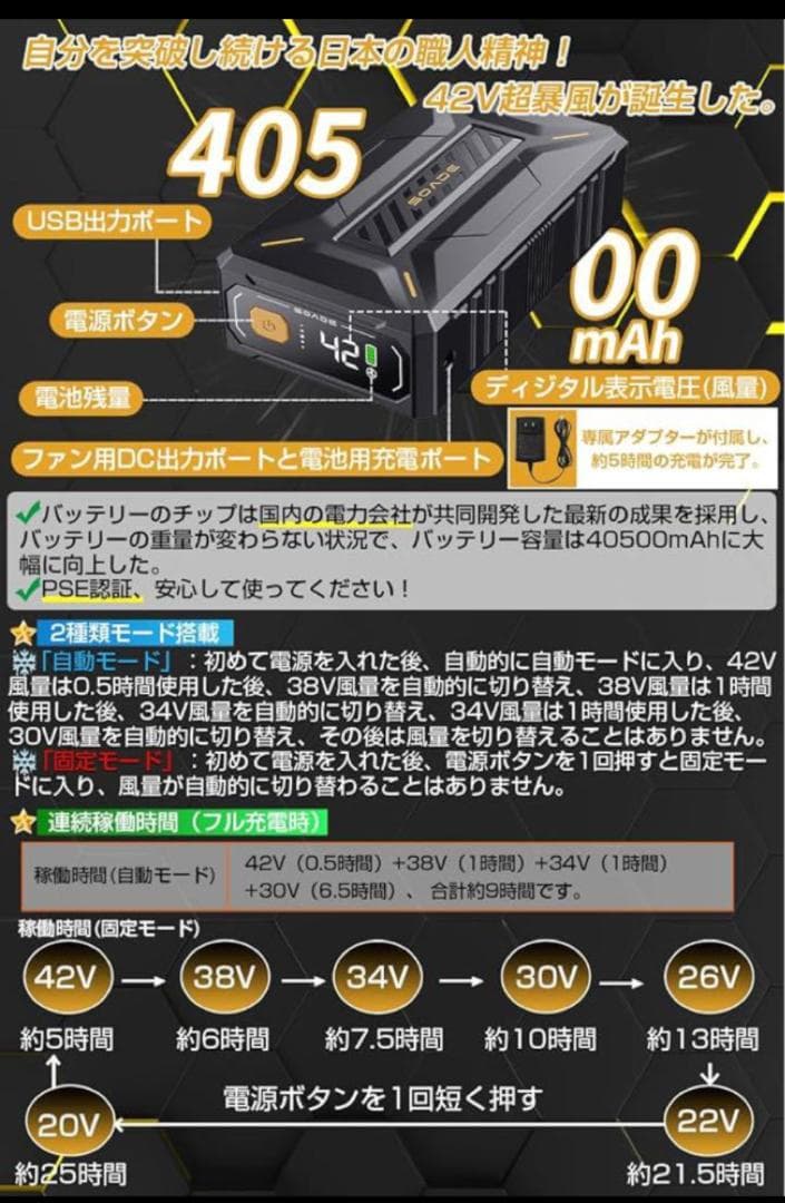 ファンバッテリーセット 42V超出力 40500mA　空調服用