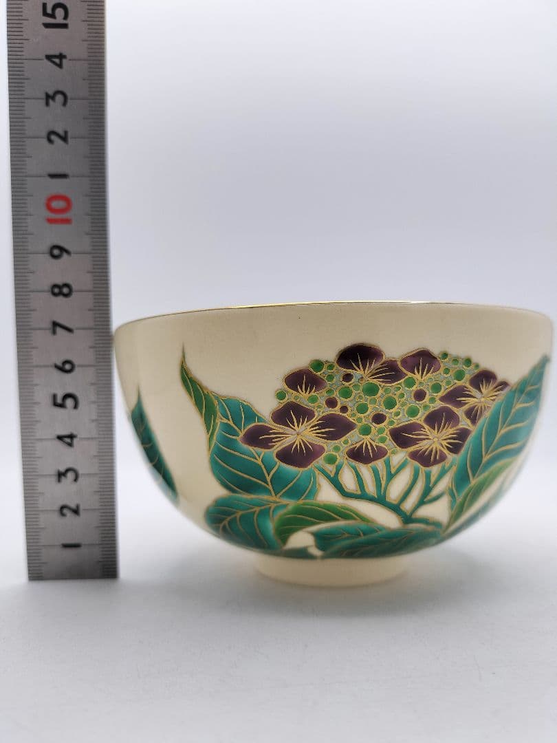 d018 茶碗 色絵 額紫陽花画 清閑寺窯 杉田祥平 木箱 茶道具 古物