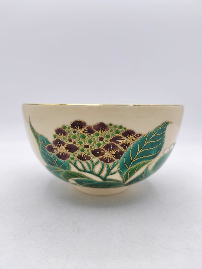 d018 茶碗 色絵 額紫陽花画 清閑寺窯 杉田祥平 木箱 茶道具 古物