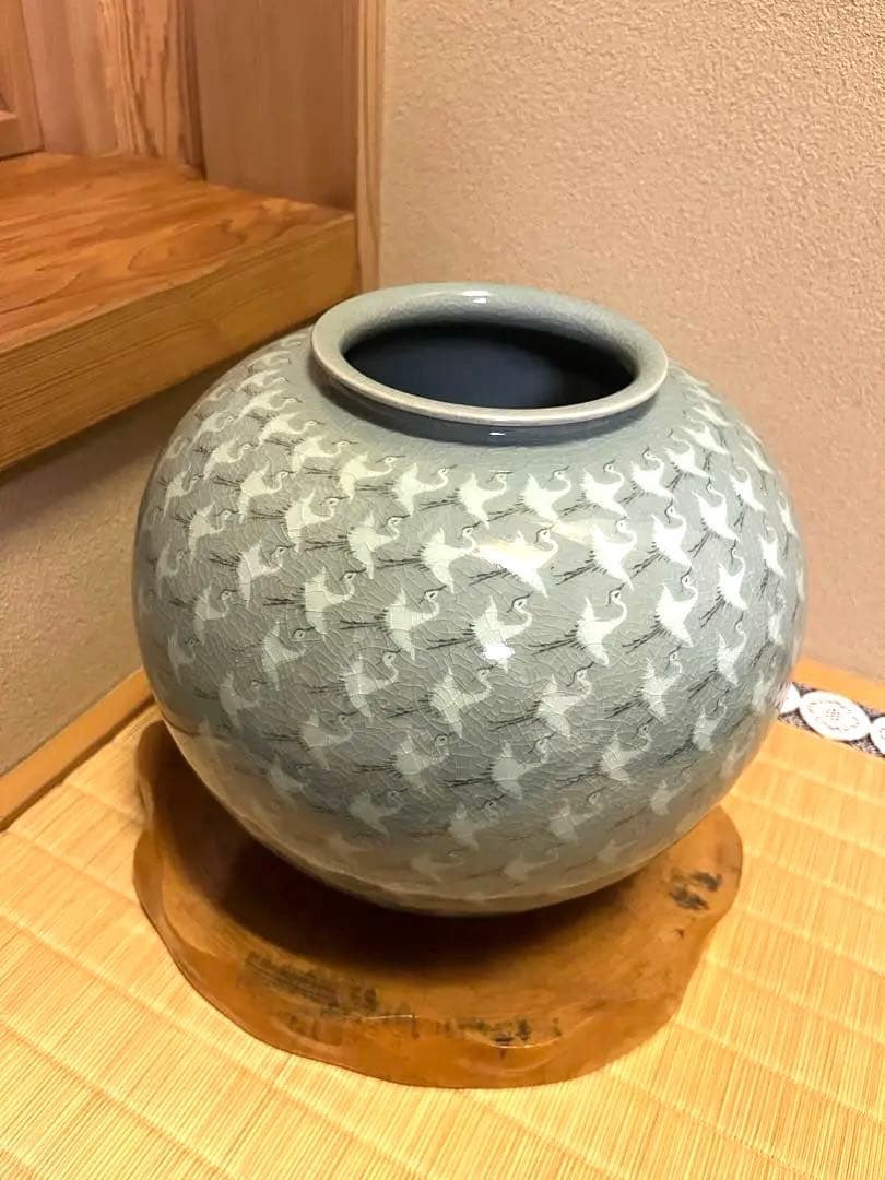 青磁　壺　花瓶 花器　芸珍　鳥模様