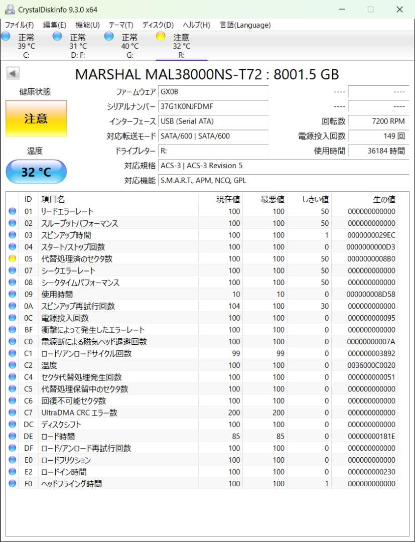 HDD M5769 MARSHAL 3.5インチ MAL38000NS 8TB