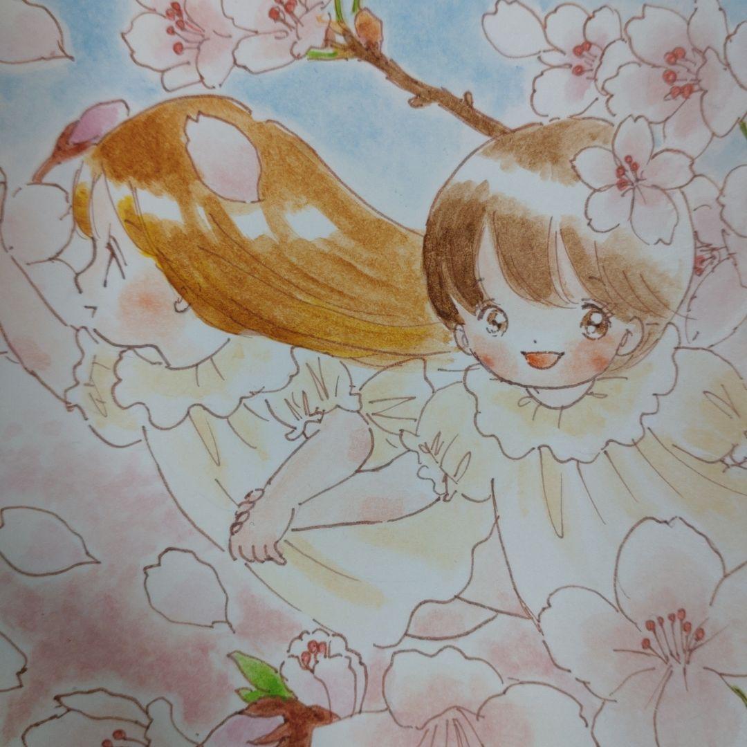 水彩画手描きイラスト　桜の花と春風さん