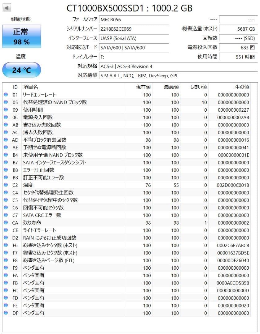【使用時間少・大容量1TB】SATA 2.5インチ SSD Crucial