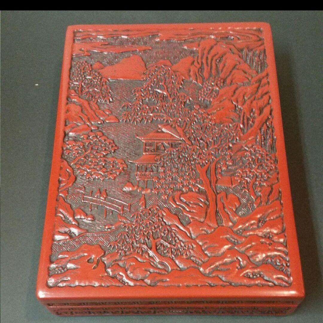 82*215仙台堆朱 彫刻漆器 漆芸 木箱 硯箱 骨董