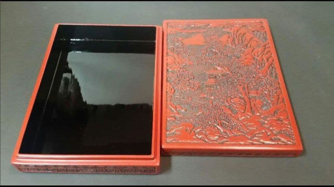 82*215仙台堆朱 彫刻漆器 漆芸 木箱 硯箱 骨董