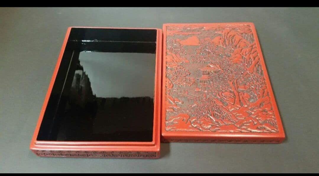 82*215仙台堆朱 彫刻漆器 漆芸 木箱 硯箱 骨董