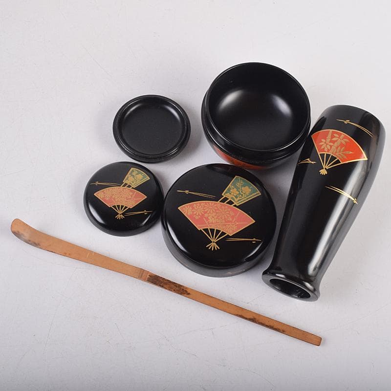 茶道具　扇蒔絵　利休茶箱　黒楽茶碗　扇蒔絵　棗など　七点　一式　M　R8860