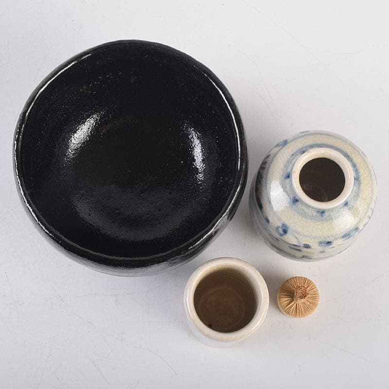 茶道具　扇蒔絵　利休茶箱　黒楽茶碗　扇蒔絵　棗など　七点　一式　M　R8860